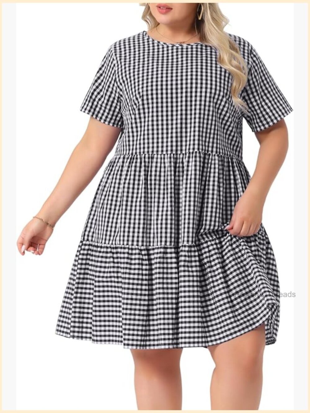 Plus Size Gingham 1950s Vintage Plaid Tiered Midi Dress Short Sleeve